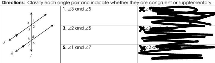 1. Classify each angle pair and indicate whether they are congruent or supplementary-example-1