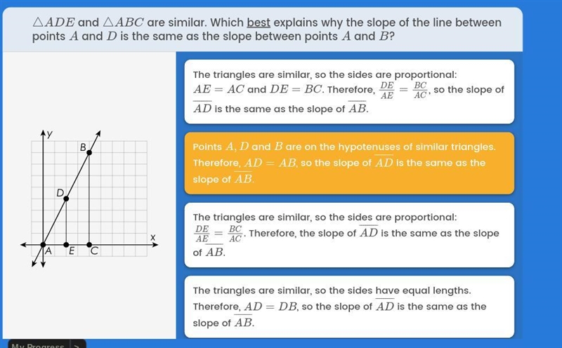 Which best explains why the slope of the line between points A and D is the same as-example-1