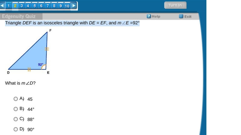 Triangle DEF is an isosceles triangle with DE = EF, and mE =92°-example-1