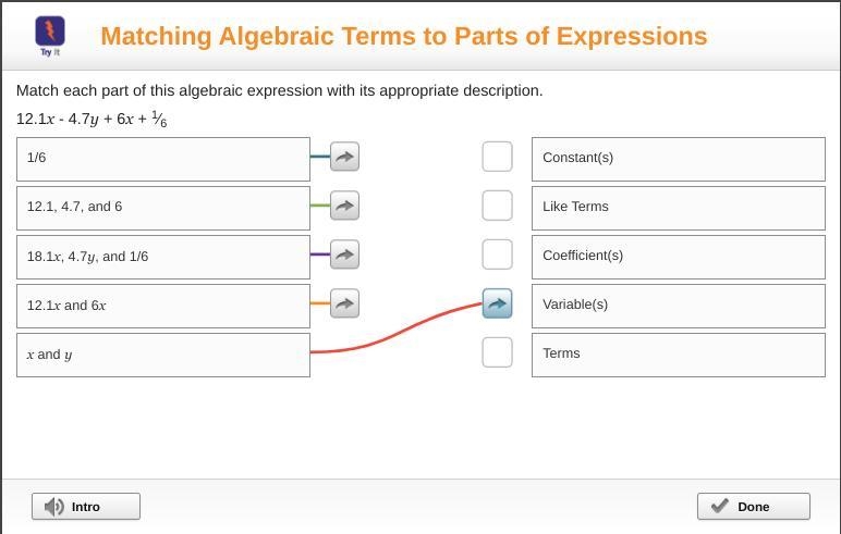 Match each part of this algebraic expression with its appropriate description.-example-1