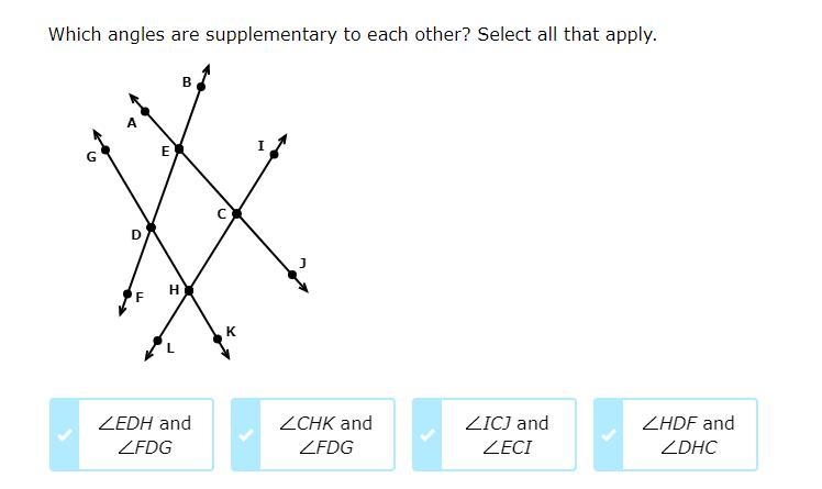 I need help finding which angles are supplementary to eachother-example-1