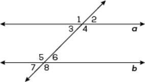 Lines a and b are parallel. Which angle is congruent to <4? a) <2 b) <3 c-example-1