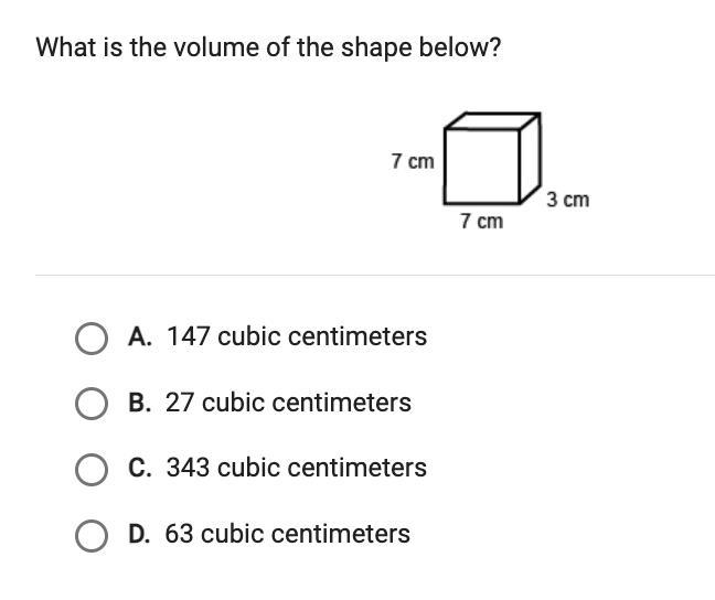 What is the volume of the shape below? A. 147 cubic centimeters B. 27 cubic centimeters-example-1