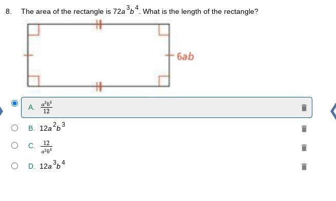 The area of the rectangle is 72a^3b^4. What is the length of the rectangle?-example-1