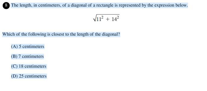 The length, in centimeters, of a diagonal of a rectangle is represented by the expression-example-1