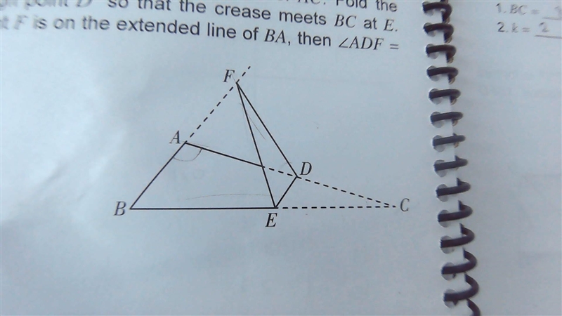 As shown in the figure below, ∠BAC = 110°, and D is the midpoint of AC. Fold the triangle-example-1