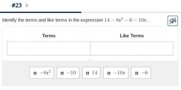 Identify the terms and like terms in the expression 14-8^2-6-10x-example-1