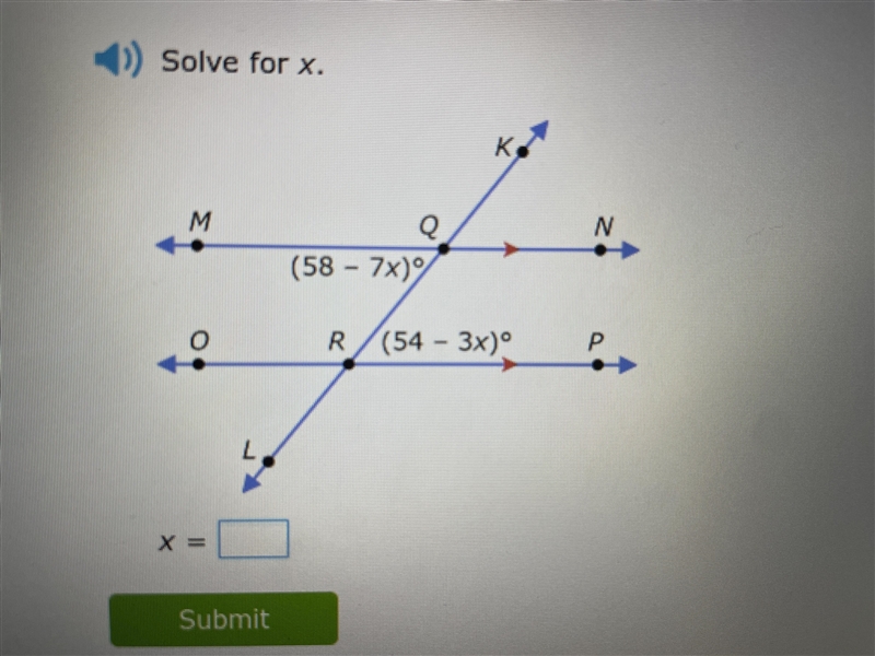 This assignment is about transversals of parallel lines: solve for x! It would be-example-1