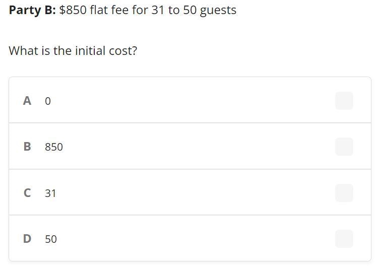 Party B: $850 flat fee for 31 to 50 guests What is the initial cost?-example-1