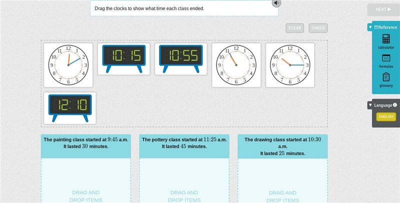 Drag the clocks to show what time each class ended.-example-1