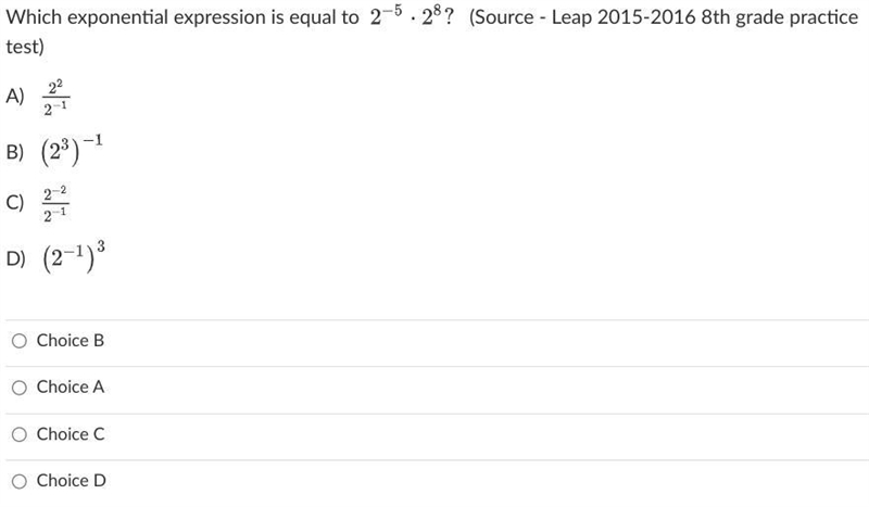 Which exponential expression is equal to 2^-5 • 2^8-example-1