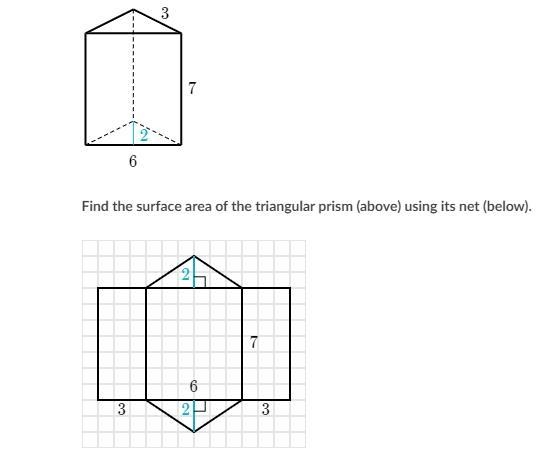 Find the surface area of the triangular prism (above) using its net (below).-example-1