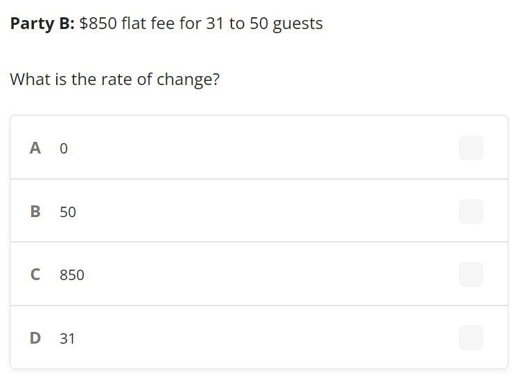 Party B: $850 flat fee for 31 to 50 guests What is the rate of change?-example-1