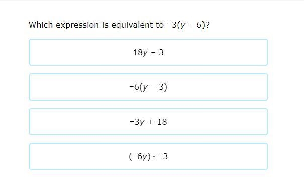 Which expression is equivalent to –3(y–6)?-example-1