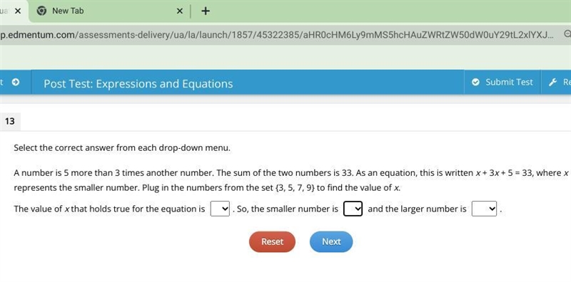 HELP Select the correct answer from each drop-down menu. A number is 5 more than 3 times-example-1