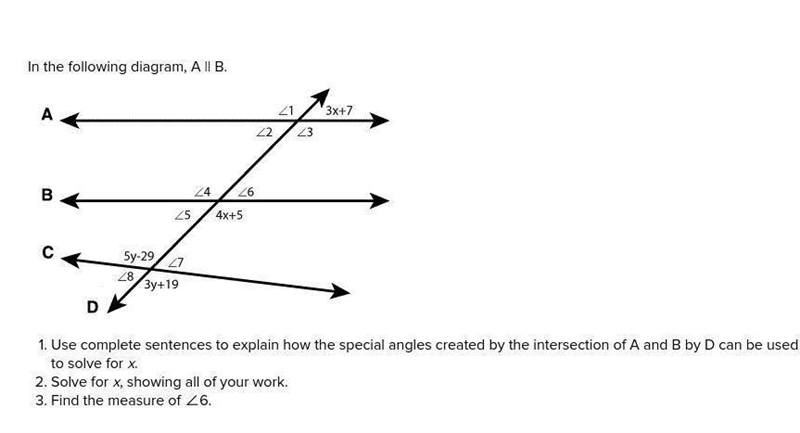 (HELP ME ASAP PLEASE) In the following diagram, A || B. Find the measure of ∠6. I-example-1