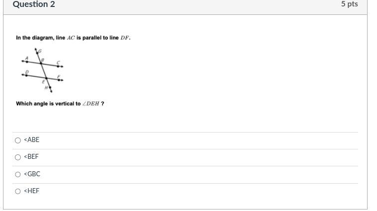In the diagram, line AC is parallel to line DF, which angle is vertical to DEH.-example-1
