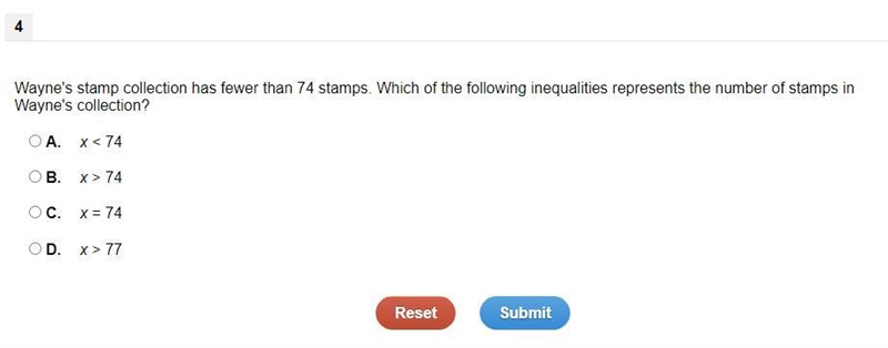 Wayne's stamp collection has fewer than 74 stamps. Which of the following inequalities-example-1