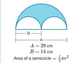 What is the area of the blue shaded figure if A=28 cm and B=14 cm? Use 3.14 to approximate-example-1