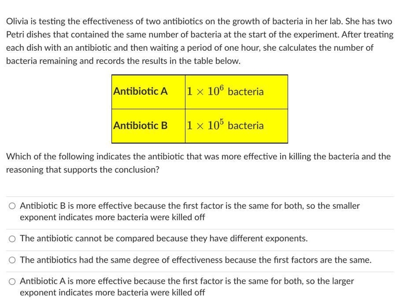 Olivia is testing the effectiveness of two antibiotics on the growth of bacteria in-example-1