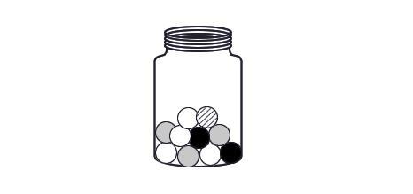 The jar below contains 1 striped marble, 2 black marbles, 3 gray marbles, and 4 white-example-1