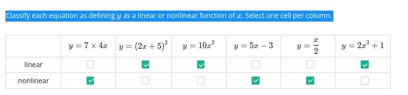 Classify each equation as defining y as a linear or nonlinear function of x. Select-example-1