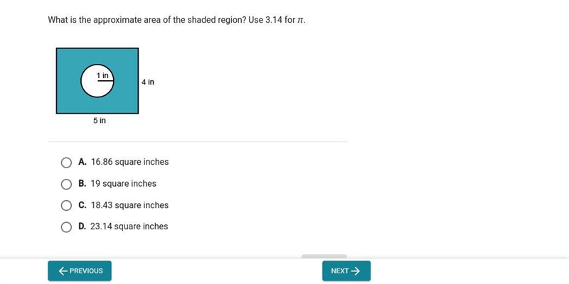 What is the approximate area of shadad region? use 3.14 π A. 16.86 B. 19 C.18.43 D-example-1