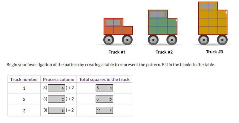 Analyze the pattern of squares in the trucks. Think about what stays the same and-example-1