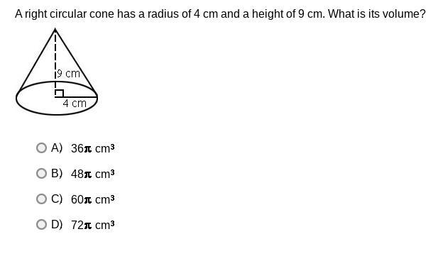 A right circular cone has a radius of 4cm and a height of 9 cm .what is its volume-example-1