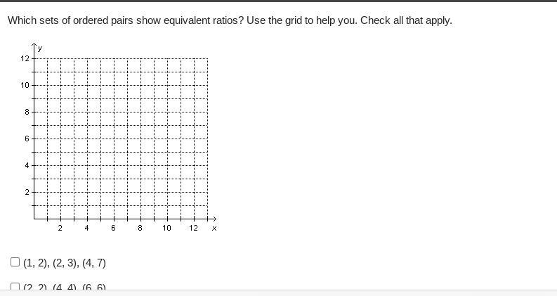 Which sets of ordered pairs show equivalent ratios? Use the grid to help you. Check-example-1