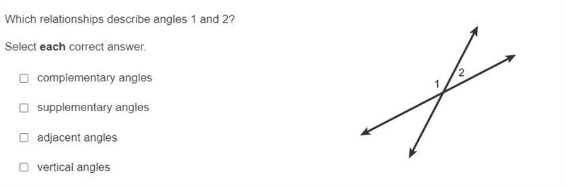 Which relationships describe angles 1 and 2? Select each correct answer. complementary-example-1