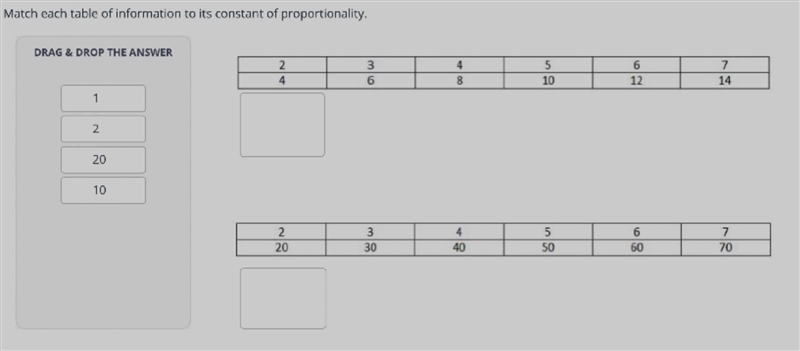 Match each table of information to its constant of proportionality.-example-1