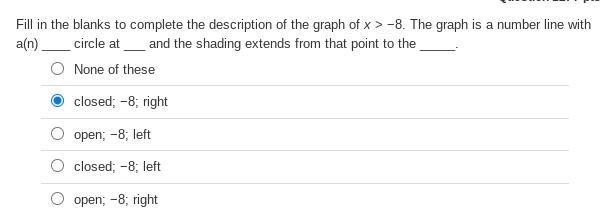 Fill in the blanks to complete the description of the graph of x > −8. The graph-example-1