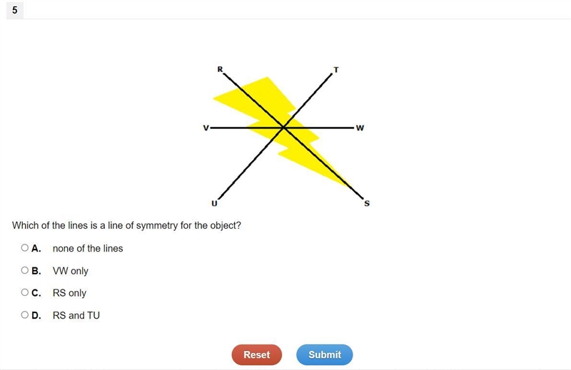 HURRY PLEASE!!!!!!!! Which of the lines is a line of symmetry for the object? A. none-example-1