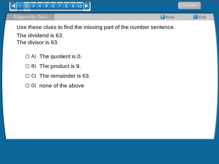 Use these clues to find the missing part of the number sentence. The dividend is 63. The-example-1