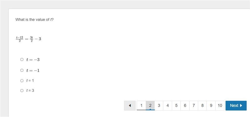 Question: t - 12/2 = 3t/2 -3 Answers: t = -3 t = -1 t = 1 t = 3-example-1