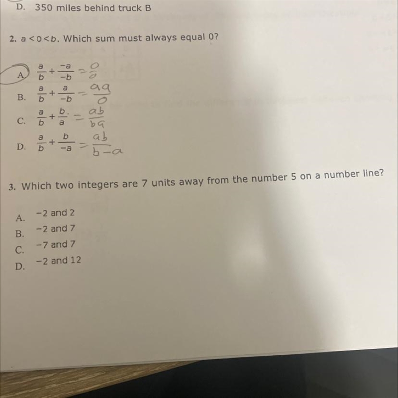 3. Which two integers are 7 units away from the number 5 on a number line? A. -2 and-example-1