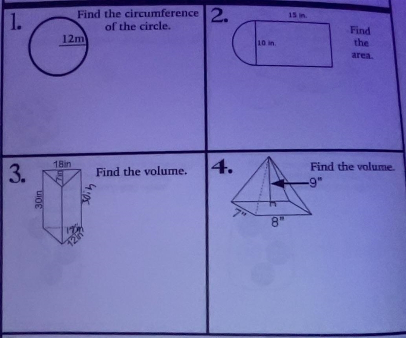 Area, Volume, Surface Area- 1. Find the circumference of the circle. 2. Find the area-example-1