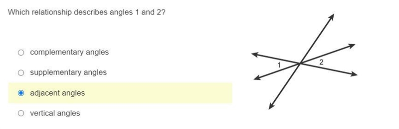 Which relationship describes angles 1 and 2? complementary angles supplementary angles-example-1