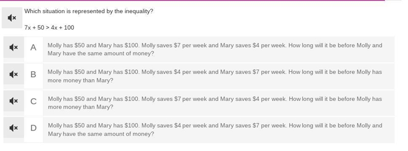 Which situation is represented by the inequality? 7x + 50 > 4x + 100-example-1