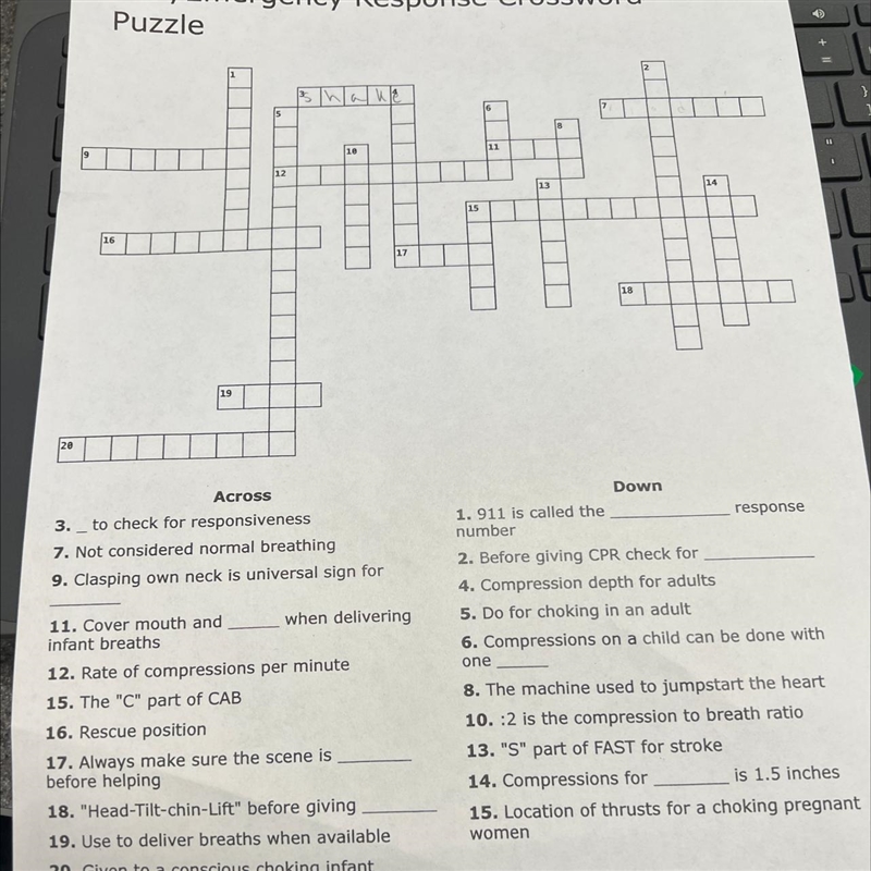 CPR emergency response crossword puzzle Does anyone have the answers to this crossword-example-1