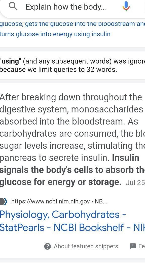 Explain how the body breaks carbohydrates into glucose, gets the glucose into the-example-2