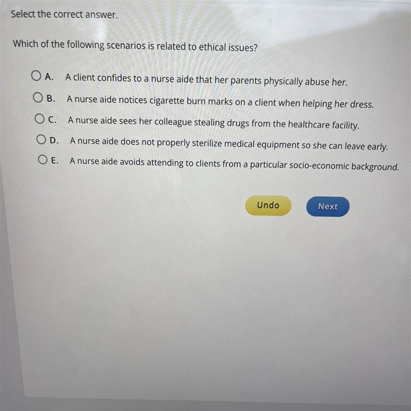 PLEASE HELP!!!! Which of the following scenarios is related to ethical issues? O A-example-1