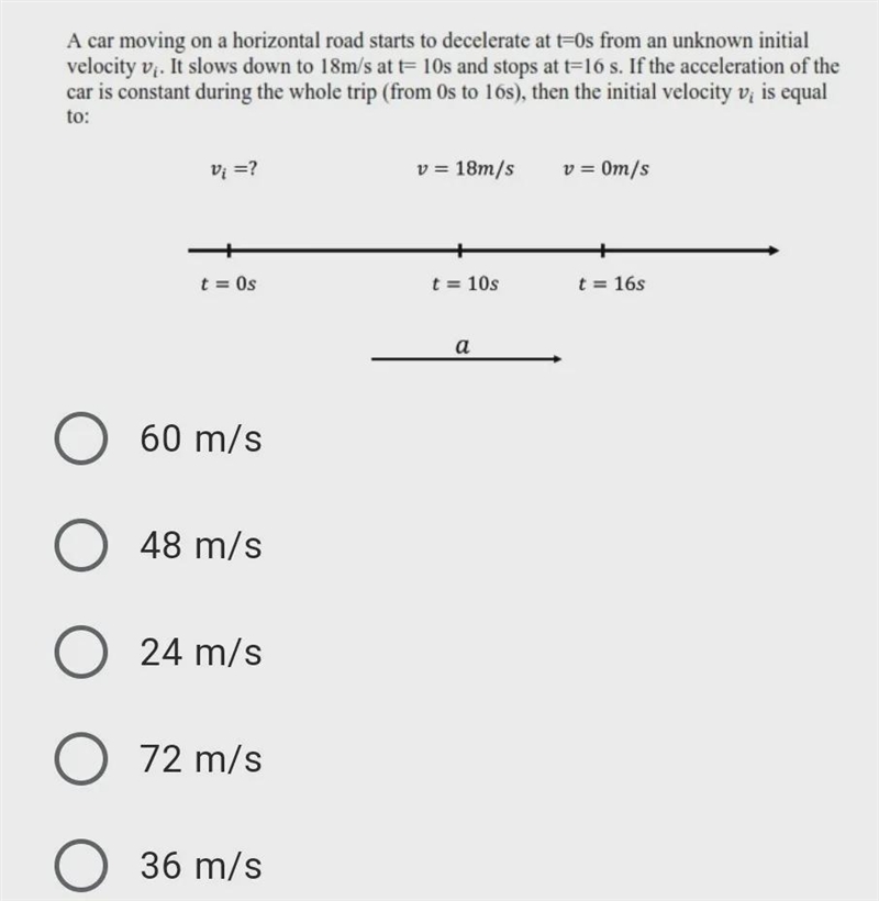 A car moving on a horizontal road starts to decelerate at t-Os from an unknown initial-example-1