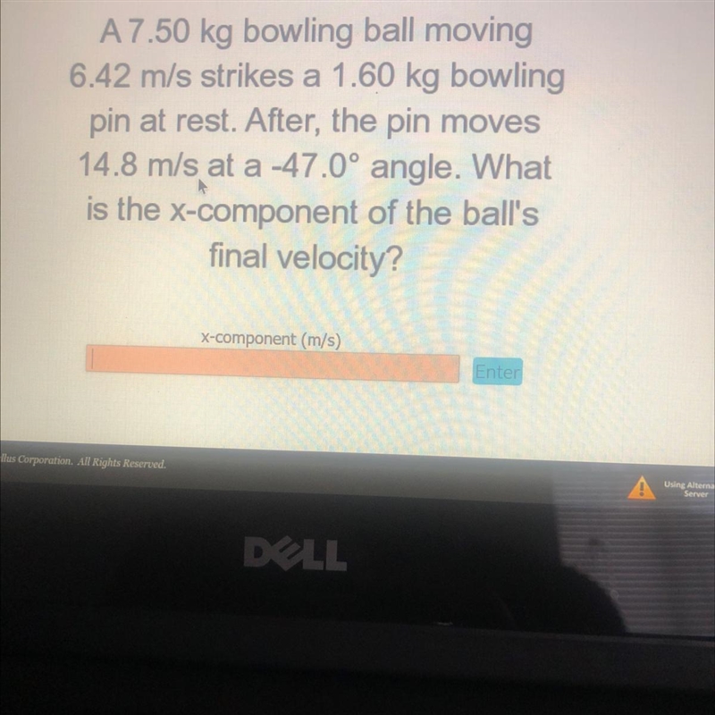 A 7.50 kg bowling ball moving6.42 m/s strikes a 1.60 kg bowlingpin at rest. After-example-1