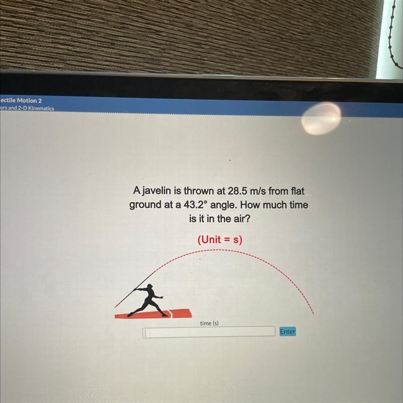 A javelin is thrown at 28.5 m/s from flatground at a 43.2° angle. How much timeis-example-1