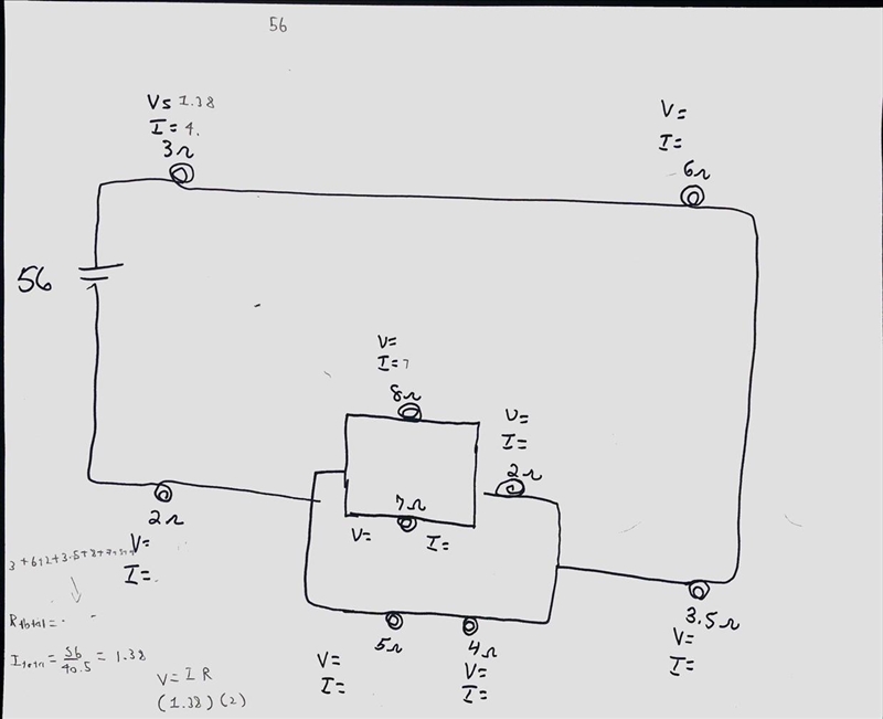 The current through the battery is 56 A. Find the voltage across the source?-example-1