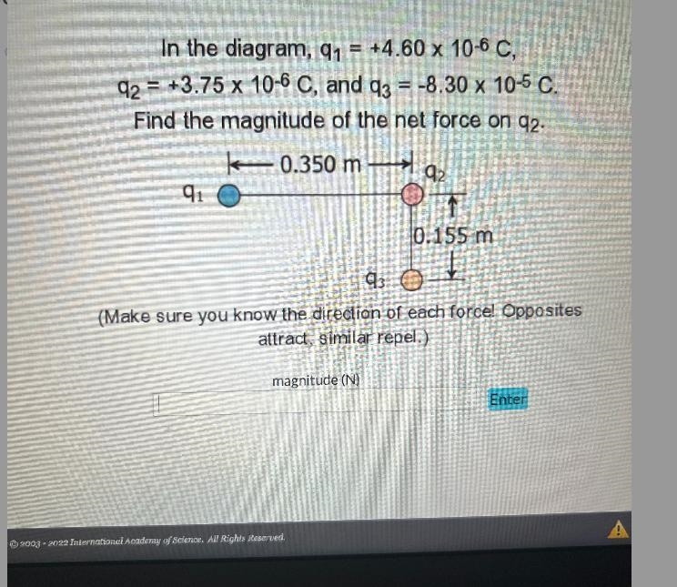 In the diagram, q₁ = +4.60 x 10-6 C,92 +3.75 x 10-6 C, and 93 = -8.30 x 10-5 C.Find-example-1