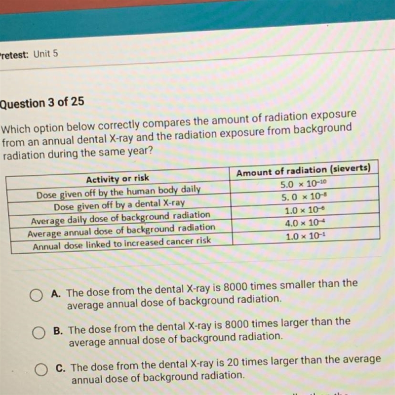 Which option below correctly compares the amount of radiation exposure from an annual-example-1