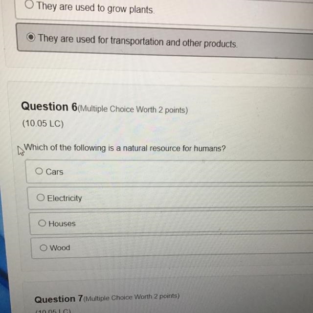 Which of the following is a natural resource for humans? O Cars O Electricity O Houses-example-1